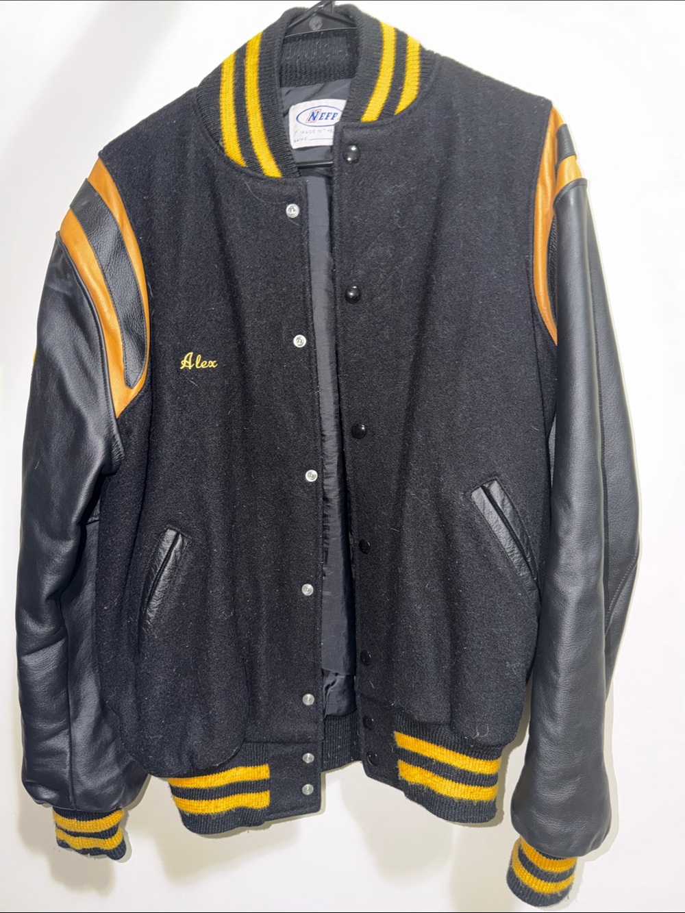 NEFF Black & Gold Varsity Letterman Jacket - 'Alex' Embroidery